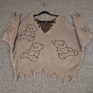 Just Polly Teddy Bear Print Destroyed-Edge Sweater Brown Sz XL Pre Owned